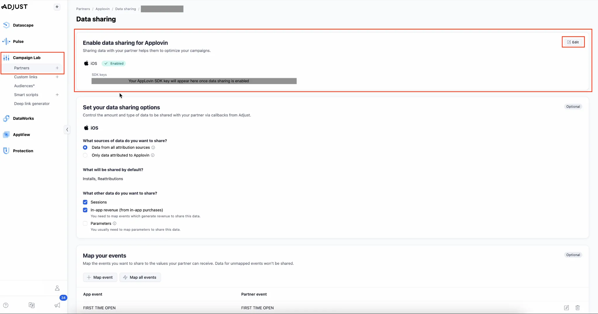 Campaign Lab > Partners. Data sharing. Enable data sharing for Axon by AppLovin. Sharing data with your partner helps them to optimize your campaigns. iOS enabled. SDK Keys: Your Axon by AppLovin SDK key will appear here once data sharing is enabled.