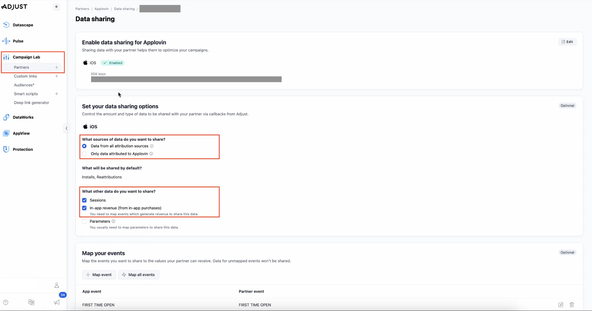 Campaign Lab > Partners. Data sharing. Set your data sharing options. Control the amount and type of data to be shared with your partner via callbacks from Adjust. iOS. What sources of data do you want to share? Data from all attribution sources (chosen), Only data attributed to Axon by AppLovin (unchosen). What will be shared by default? Installs, Reattributions. What other data do you want to share? Sessions (selected), In-app revenue (from in-app purchases) (selected) (You need to map events which generate revenue to share this data), Parameters (unselected) (You usually need to map parameters to share this data.)