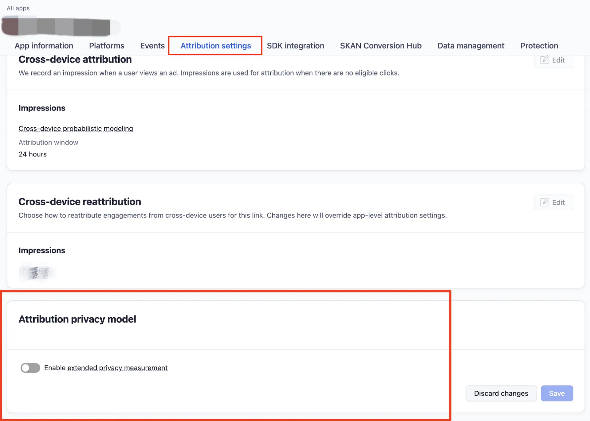All apps: Attribution settings. Attribution privacy model: Enable extended privacy measurement toggle.