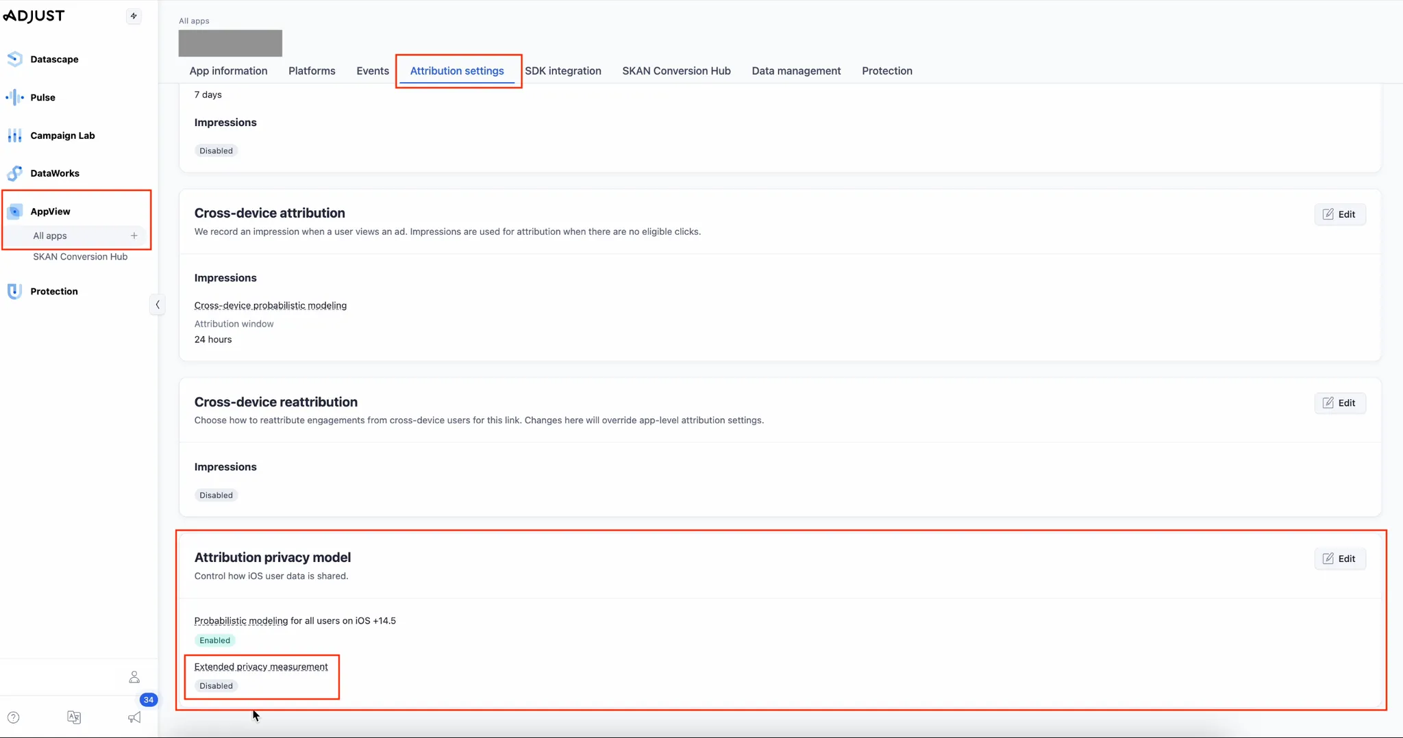AppView > All apps. Attribution settings. Attribution privacy model (Edit button): Control how iOS user datat is shared. Probabilistic modeling for all users on iOS +14.5 (Enabled). Extended privacy measurement (Disabled).