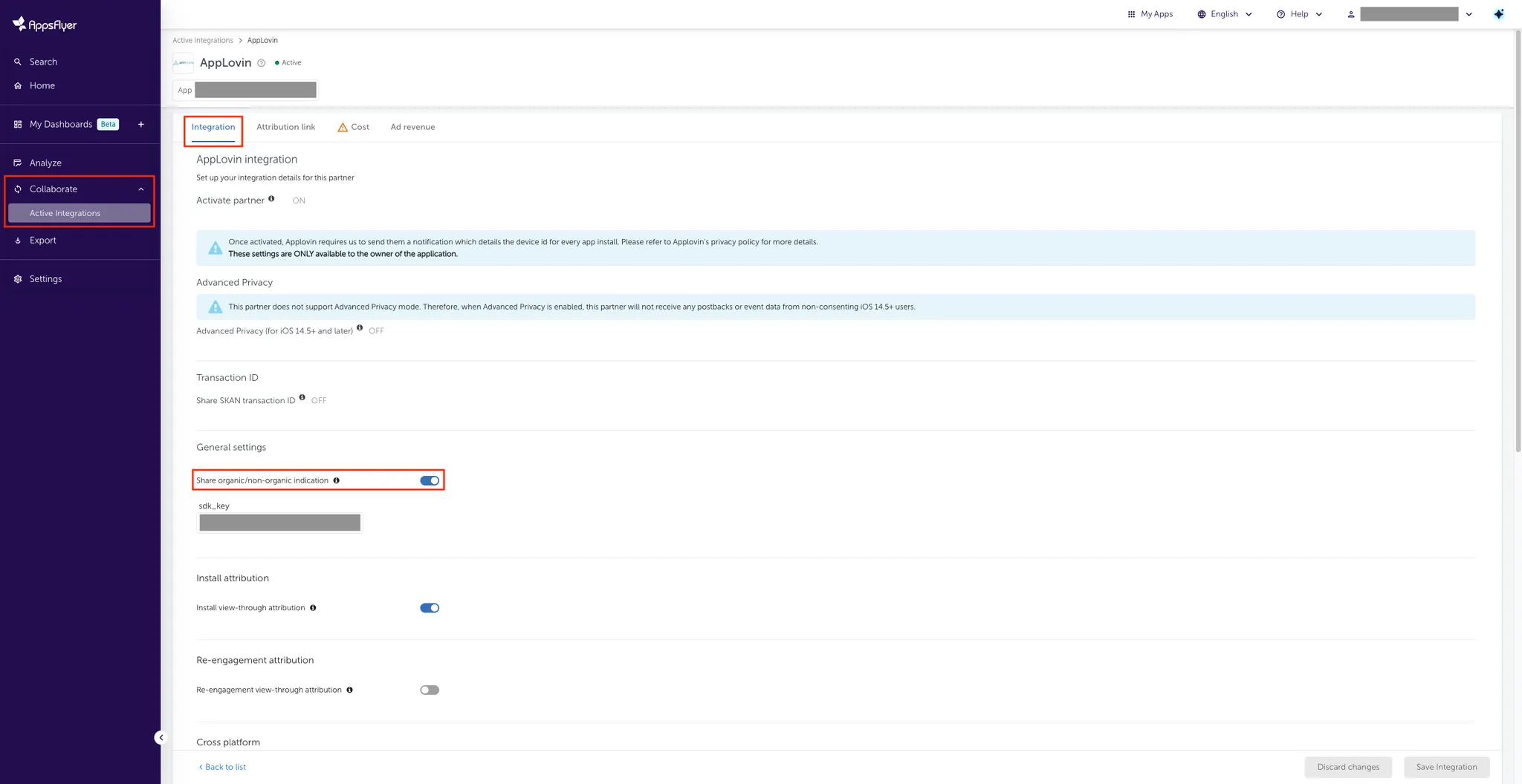 Collaborate > Active Integrations. Integration. General settings. Share organic/non-organic indication (ON).