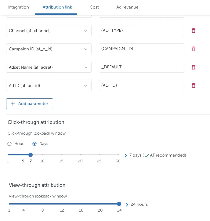 Attribution link tab. Channel, AD_TYPE macro; Campaign ID, CAMPAIGN_ID macro; Adset Name; _DEFAULT; Ad ID, AD_ID macro; Add parameter button. Click-through attribution: Click-through loopback window. Hours/Days toggle. Number slider. View-through attribution: View-through lookback window. Hours slider.