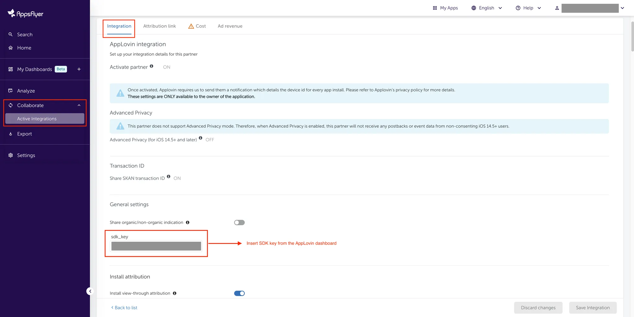 Collaborate > Active Integrations. Integration. General settings. sdk_key input field (insert SDK key from the Axon by AppLovin dashboard).