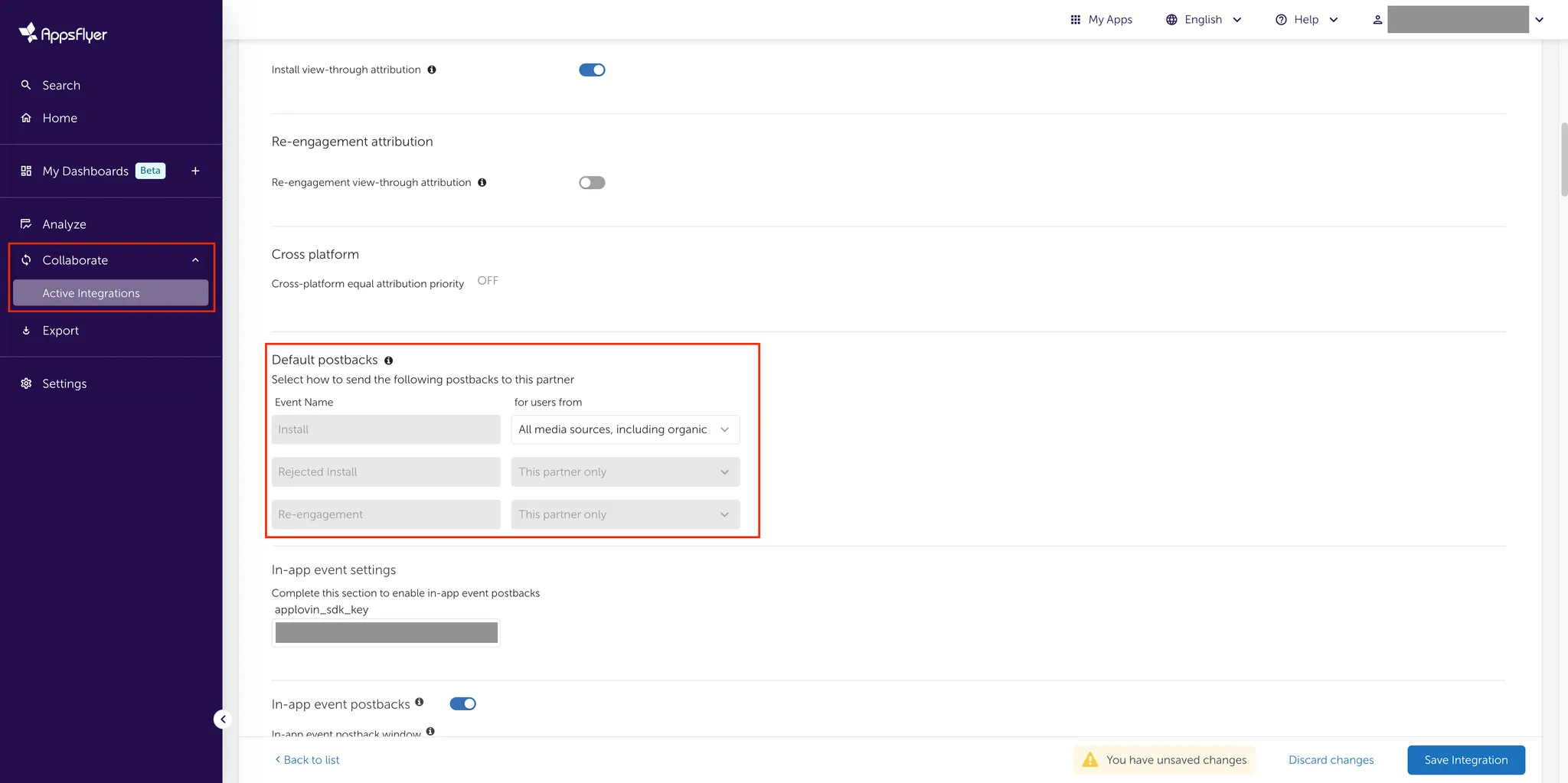 Collaborate > Active Integrations. Integration. Default postbacks. Select how to send the following postbacks to this partner. Table of event names and corresponding for-users-from selections.