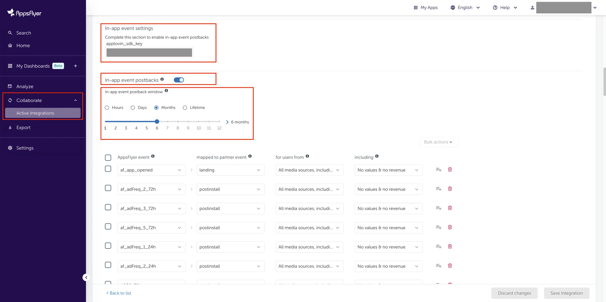 Collaborate > Active Integrations. Integration. In-app event settings (Complete this section to enable in-app event postbacks). applovin_sdk_key input field. In-app event postbacks toggle. In-app even postback window options.