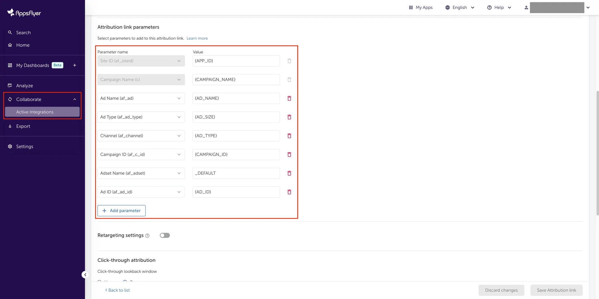 Collaborate > Active Integrations. Attribution link. Attribution link parameters. Select parameters to add to this attribution link. Table of parameter names and corresponding values.