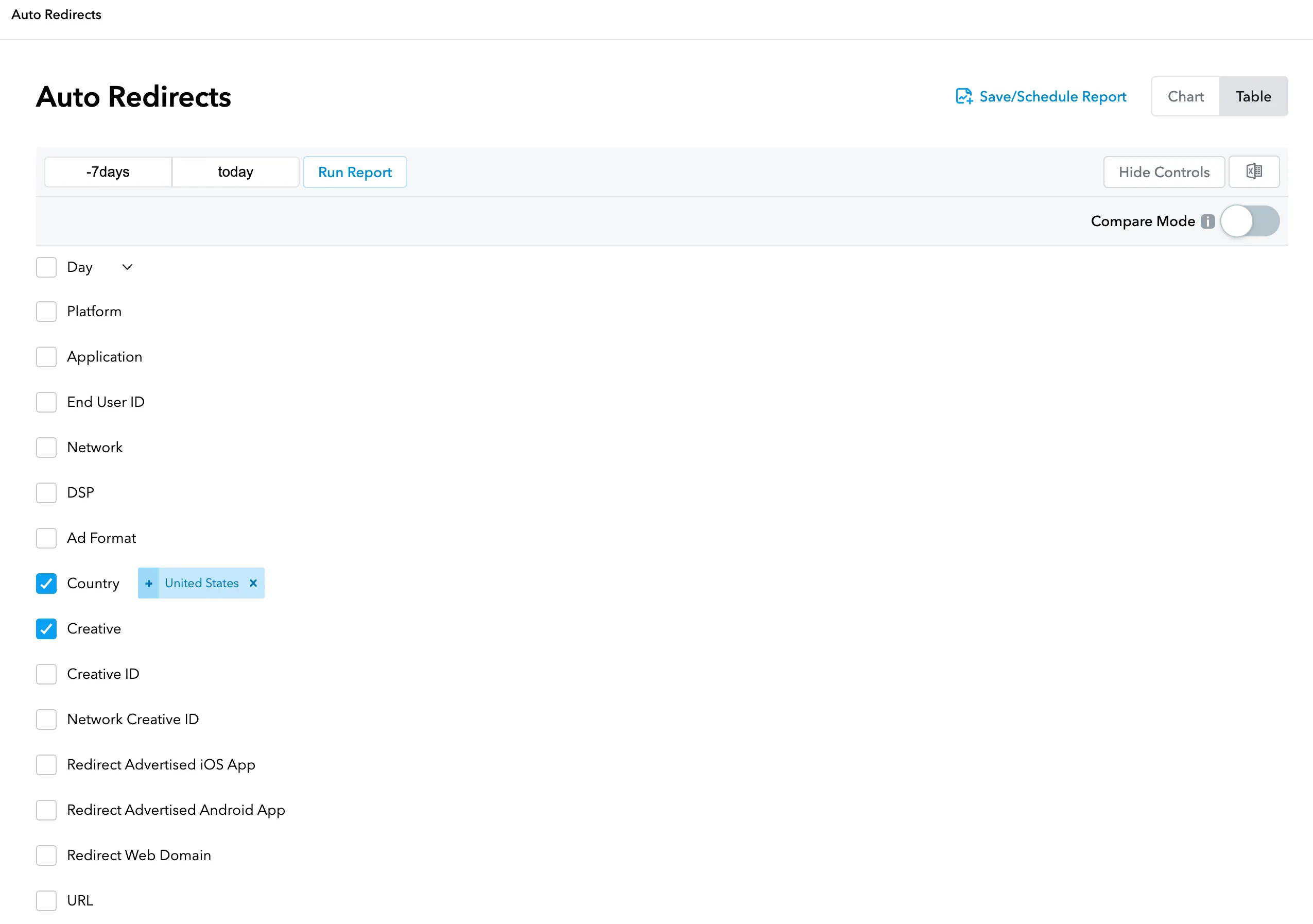 Auto Redirects. Save/Schedule Report. Chart/Table. Checkboxes: Day, Platform, Application, End User ID, Network, DSP, Ad Format, Country, Creative, Creative ID, Network Creative ID, Redirect Advertised iOS App, Redirect Advertised Android App, Redirect Web Domain, URL.