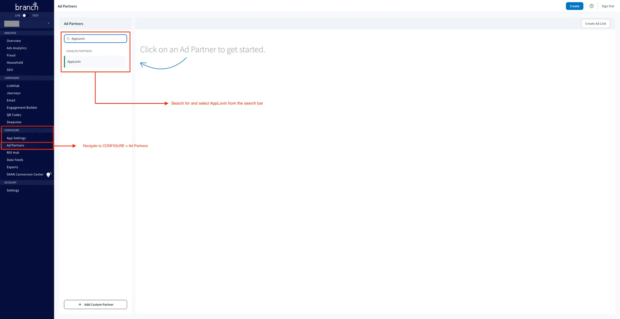 Navigate to Attribution Setup > Partner Configuration to set up Axon by AppLovin partnership. Select Axon by AppLovin as a partner to proceed with attribution configuration.