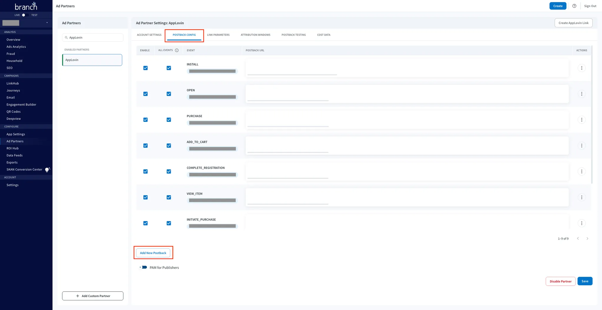 CONFIGURE > Ad Partners. Ad Partner Settings: Axon by AppLovin. Postback Config. Table of events. Add New Postback button. PAM for Publishers toggle. Disable Partner button. Save button.