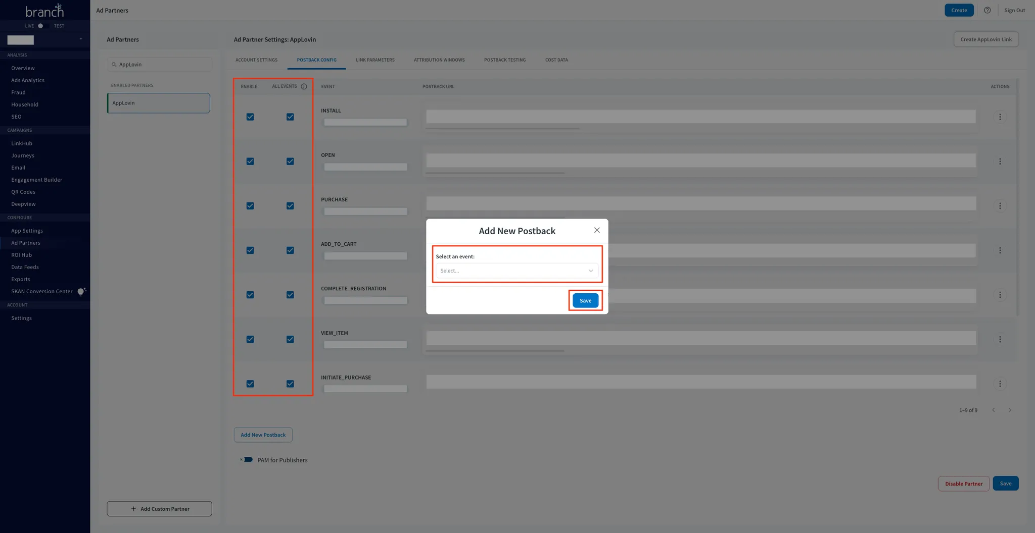 Add New Postback. Select an event: Event drop-down selector. Save button.