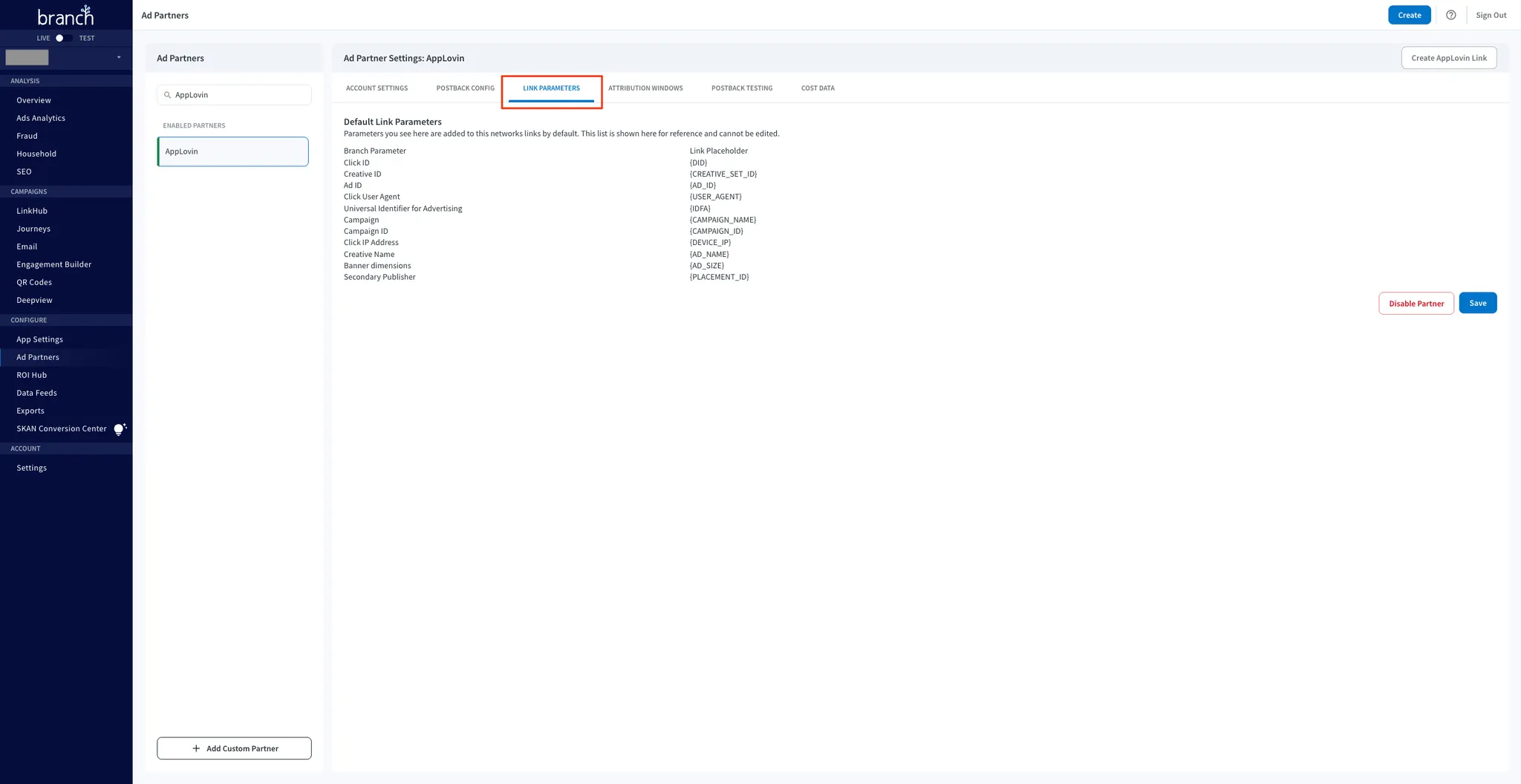 CONFIGURE > Ad Partners. Ad Partner Settings: Axon by AppLovin. Link Parameters. List of default link parameters. Disable Partner button. Save button.