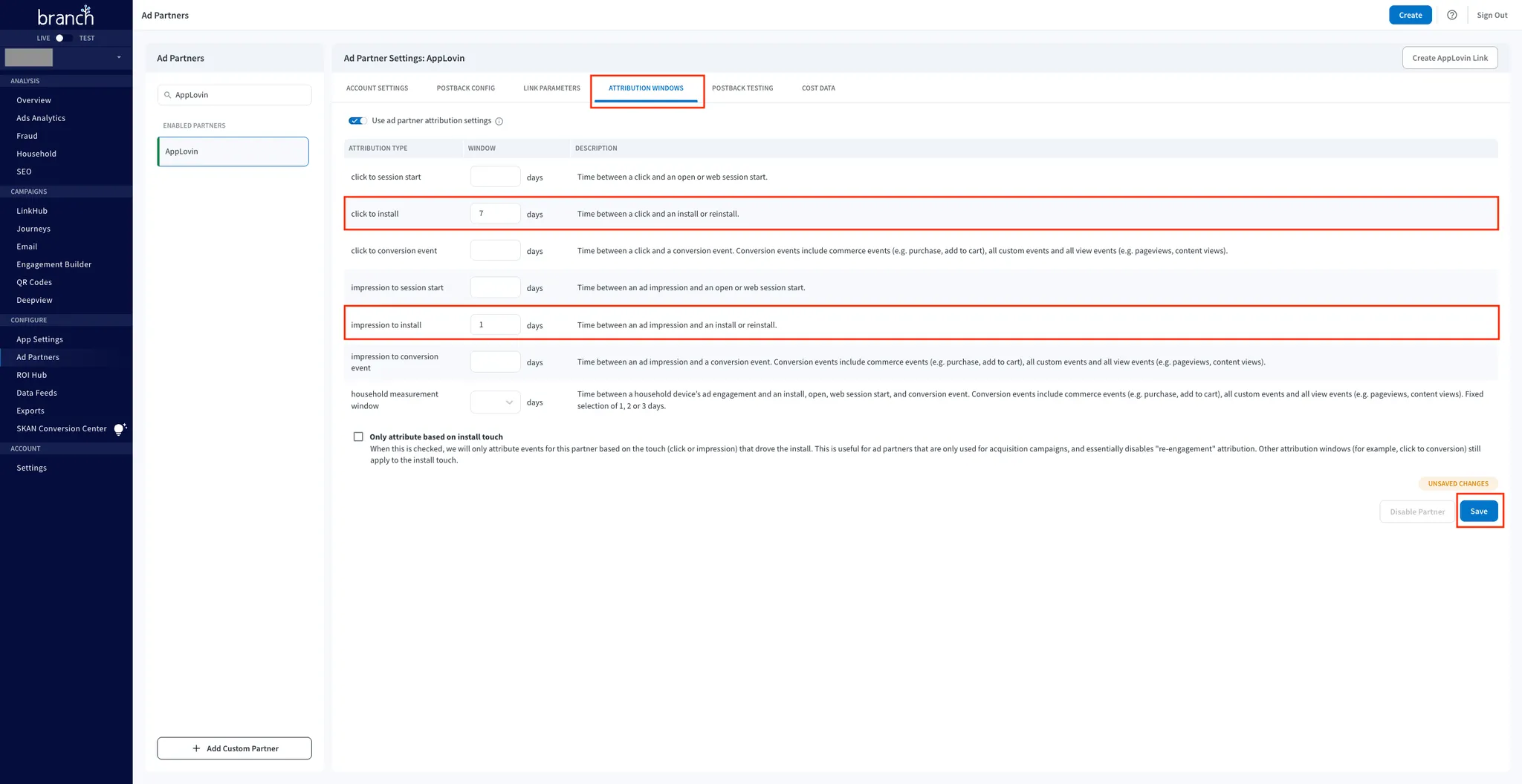CONFIGURE > Ad Partners. Ad Partner Settings: Axon by AppLovin. Attribution Windows. Use ad partner attribution settings toggle. click to install: 7 days. impression to install: 1 days. Save button.