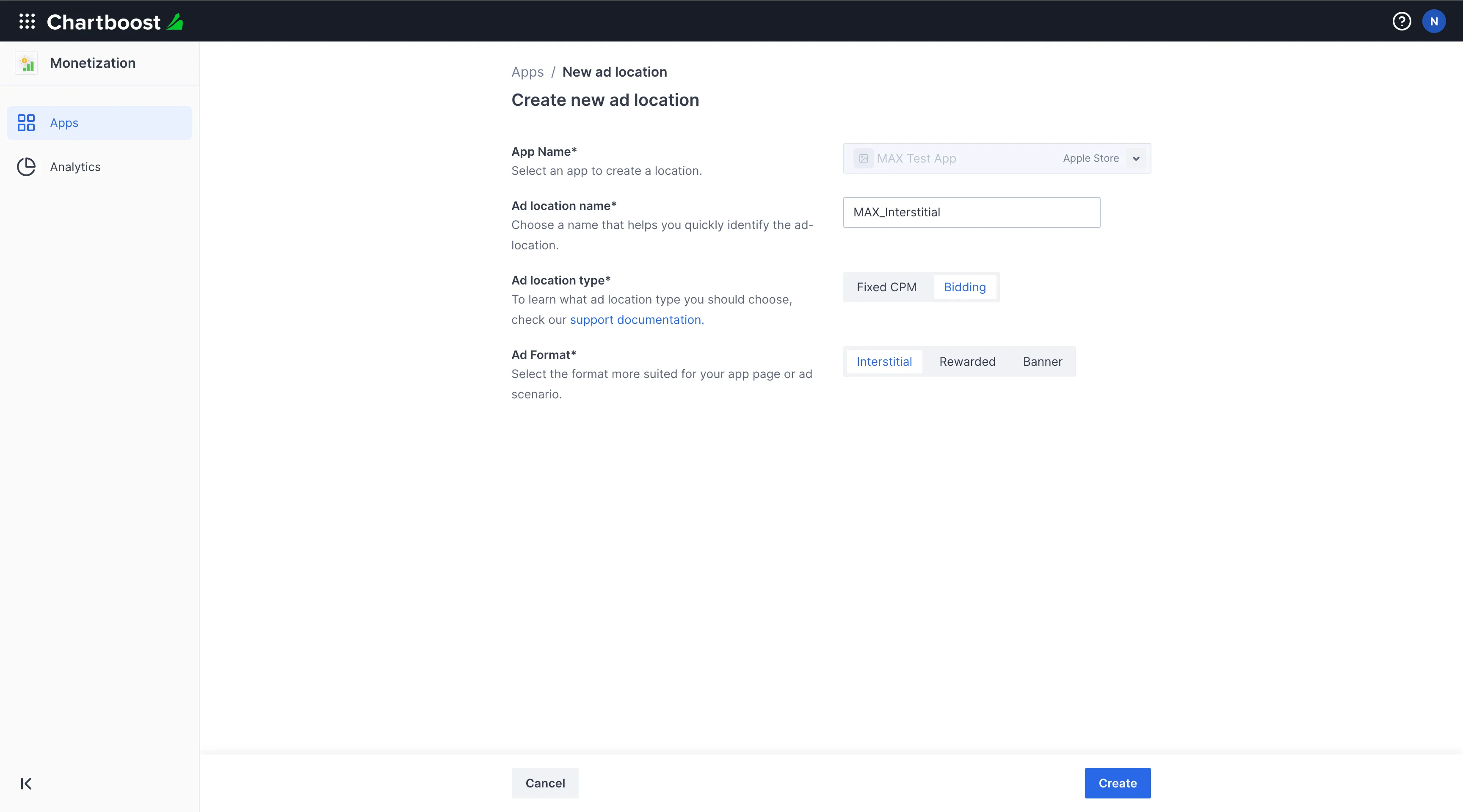 Monetization. Create new ad location. App Name drop-down. Ad Location Name input field. Ad Location Type radio buttons: ☐ Fixed CPM, ☑ Bidding. Ad Format radio buttons: ☑ Interstitial, ☐ Rewarded, ☐ Banner. Create button.