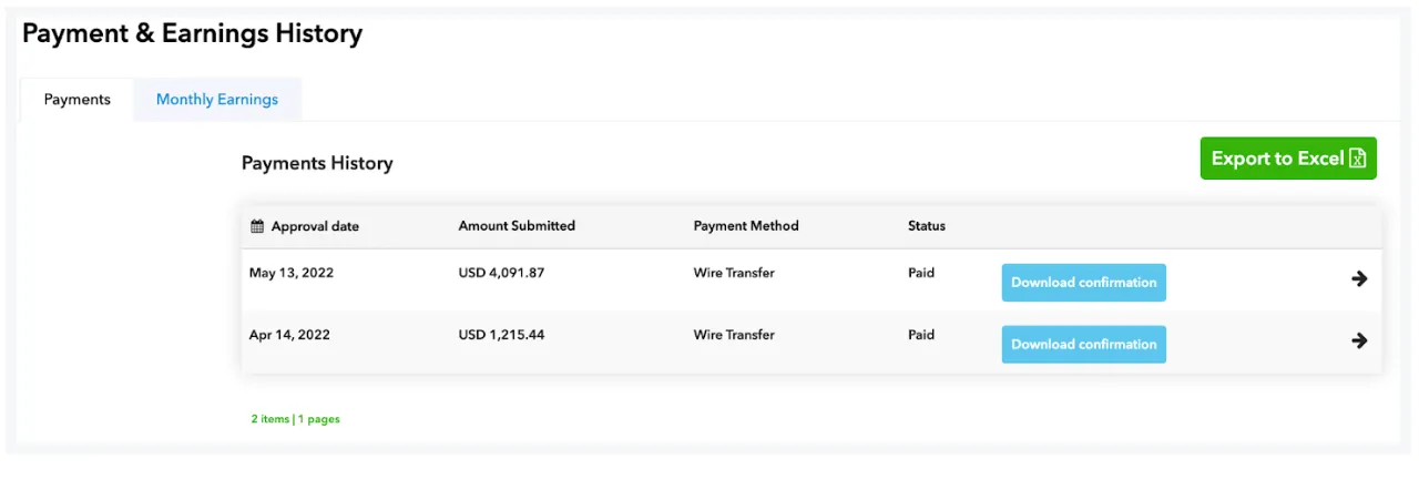 Payment & Earnings History. Payments, Monthly Earnings. Payments History. Export to Excel button. Table: Approval date column, Amount Submitted column, Payment Method column, Status column.