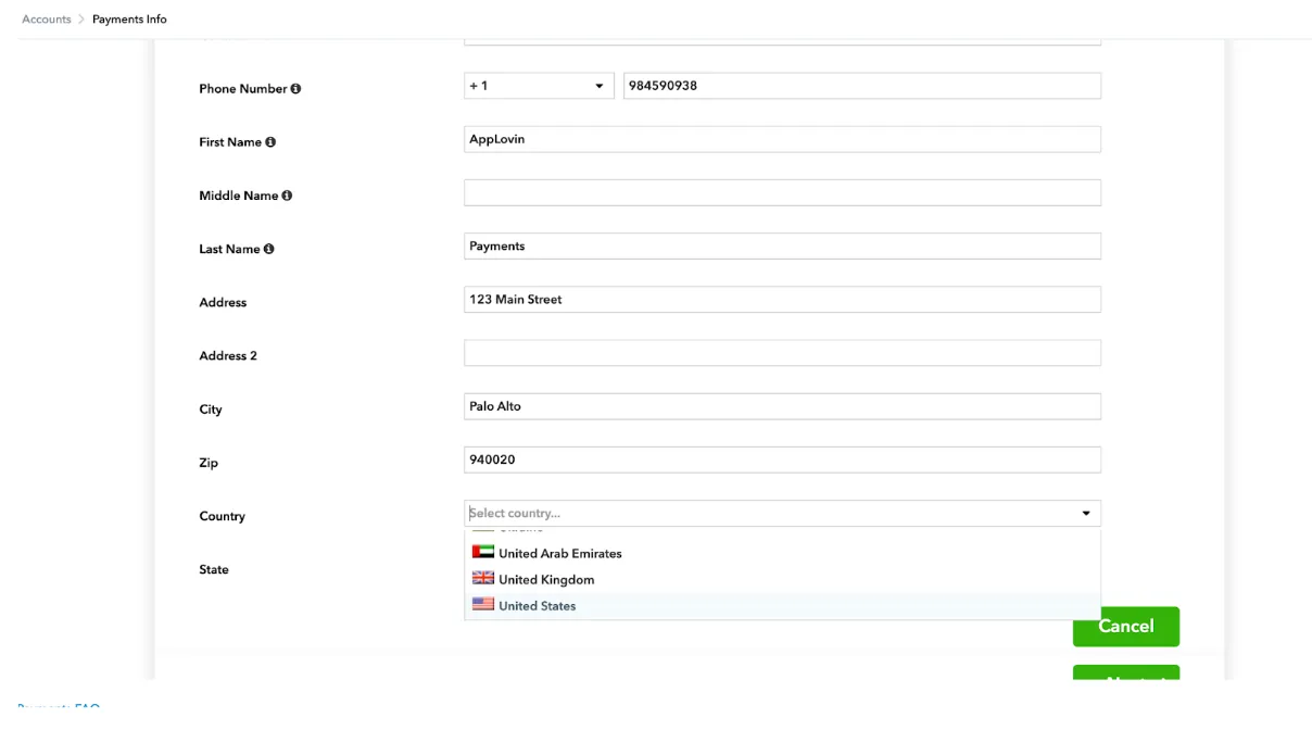 Accounts > Payments Info. Phone Number field. First Name field. Middle Name field. Last Name field. Address fields. City field. Zip field. Country drop-down. State. Cancel button.