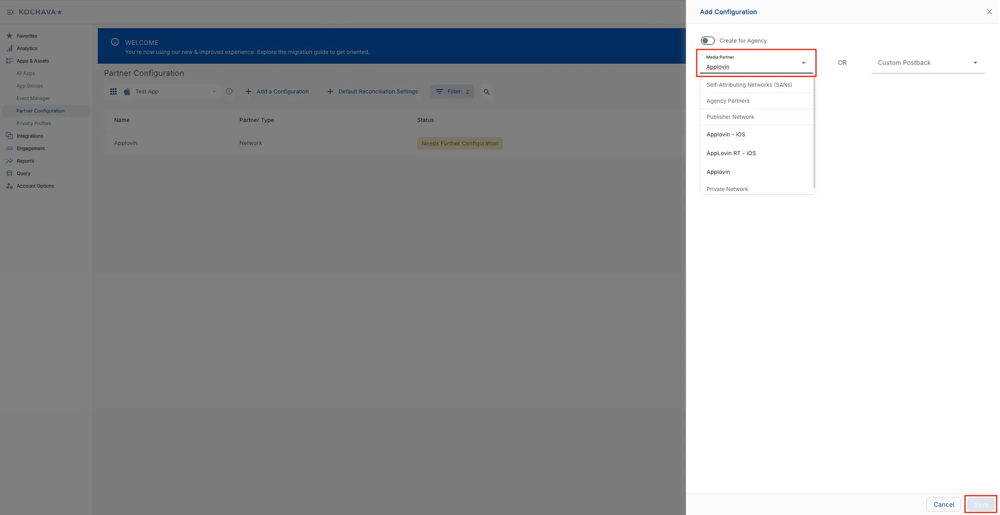 Add Configuration. Create for Agency toggle. Media Partner drop-down (or) Custom Postback drop-down. Cancel button. Save button.