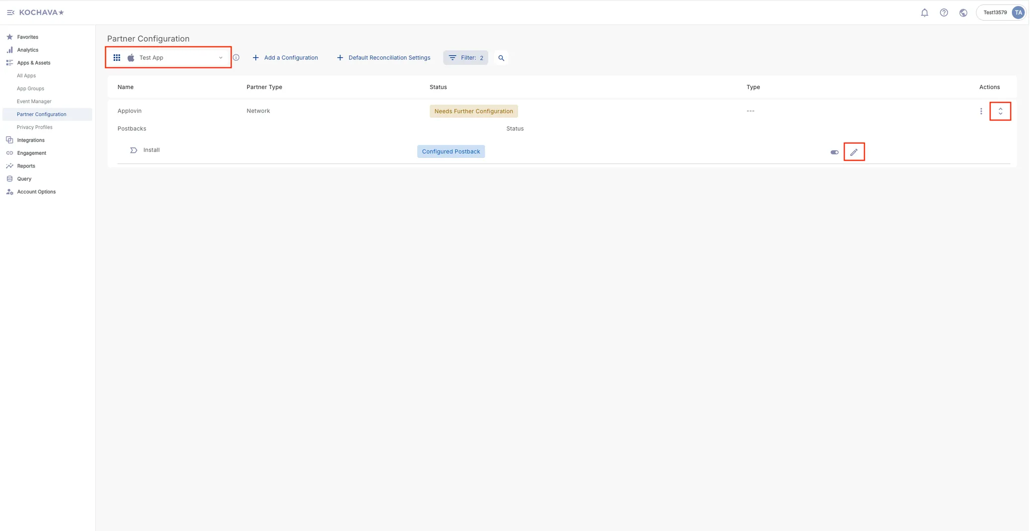 Apps & Assets > Partner Configuration. App selector. Actions: ↕. Install, Confured Postback, Toggle, pencil icon.