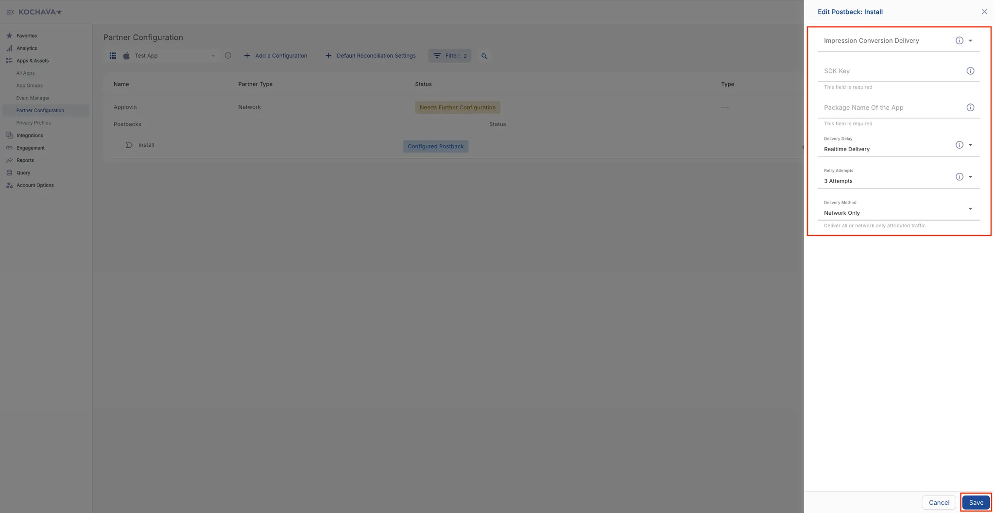 Edit Postback: Install. Impression Conversion Delivery field. SDK Key field (This field is required). Package Name Of the App field (This field is required). Delivery Delay drop-down selector (Realtime Delivery). Retry Attempts drop-down selector (3 Attempts). Delivery Method drop-down selector (Network Only). Deliver all or network only attributed traffic. Cancel button. Save button.