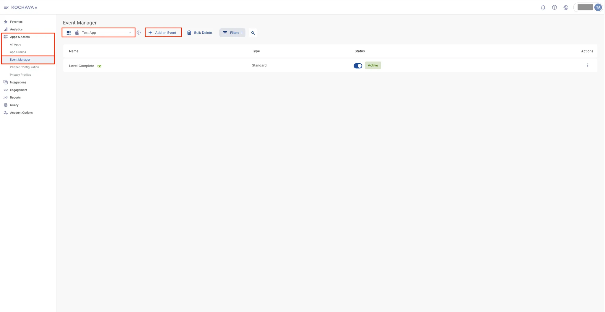 Apps & Assets > Event Manager. App selector. + Add an Event. Bulk delete. Filter. Search. Table: Name, Type, Status, Actions.