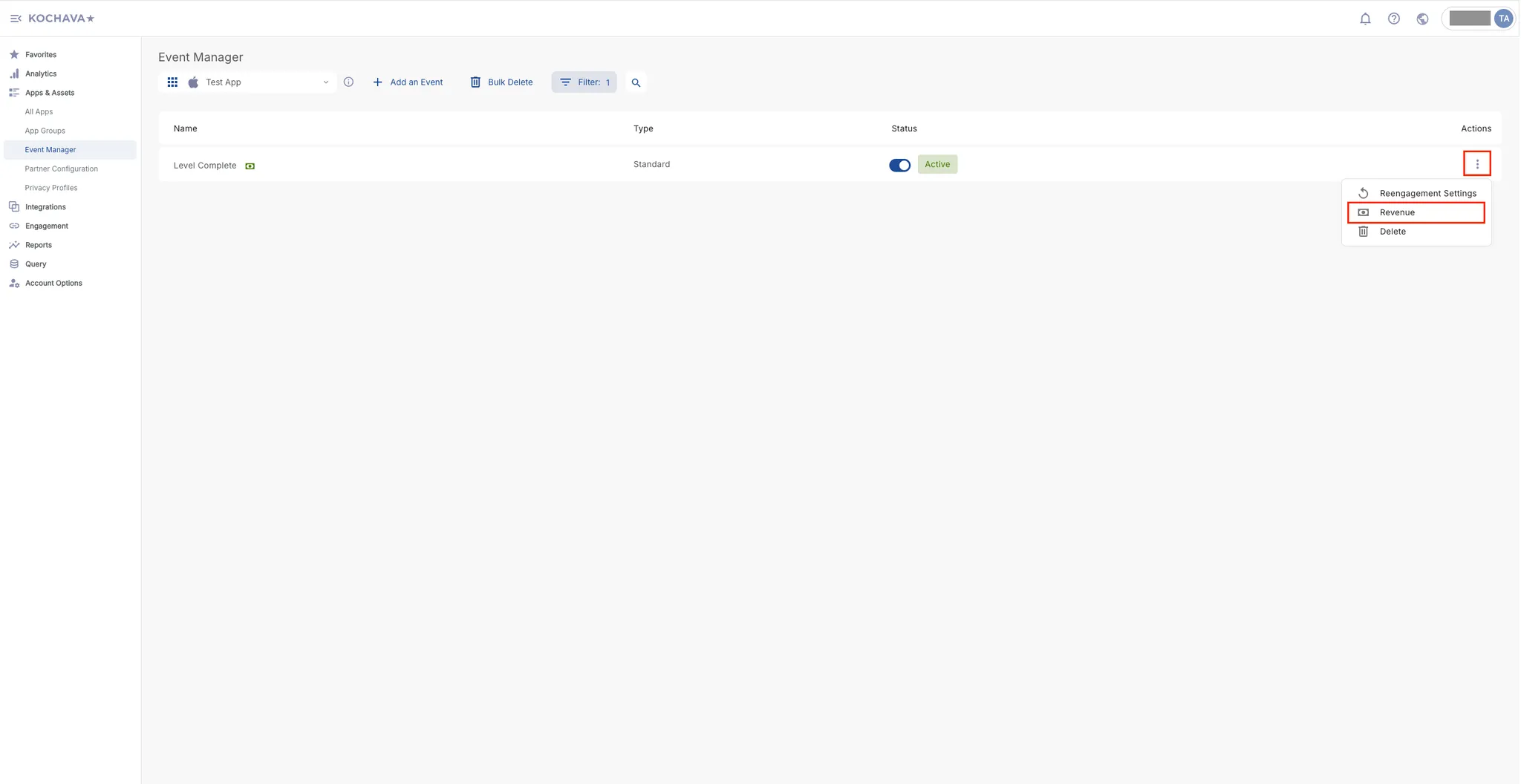 Apps & Assets > Event Manager. Table: Name, Type, Status, Actions. ⋮: Reengagement Settings, Revenue, Delete.