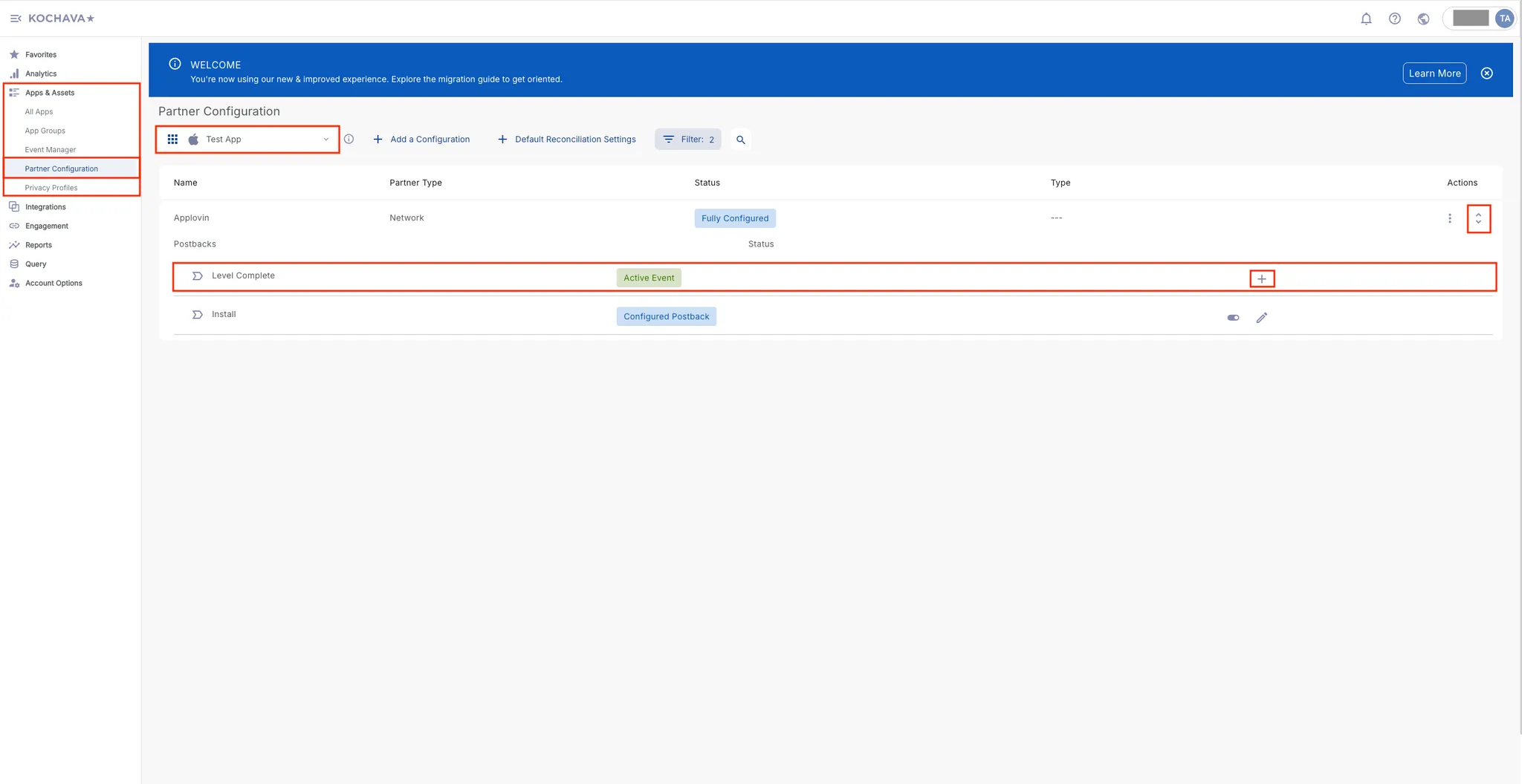 Apps & Assets > Partner Configuration. App selector. Actions: ↕. Postbacks: Level Complete (Active Event) +.