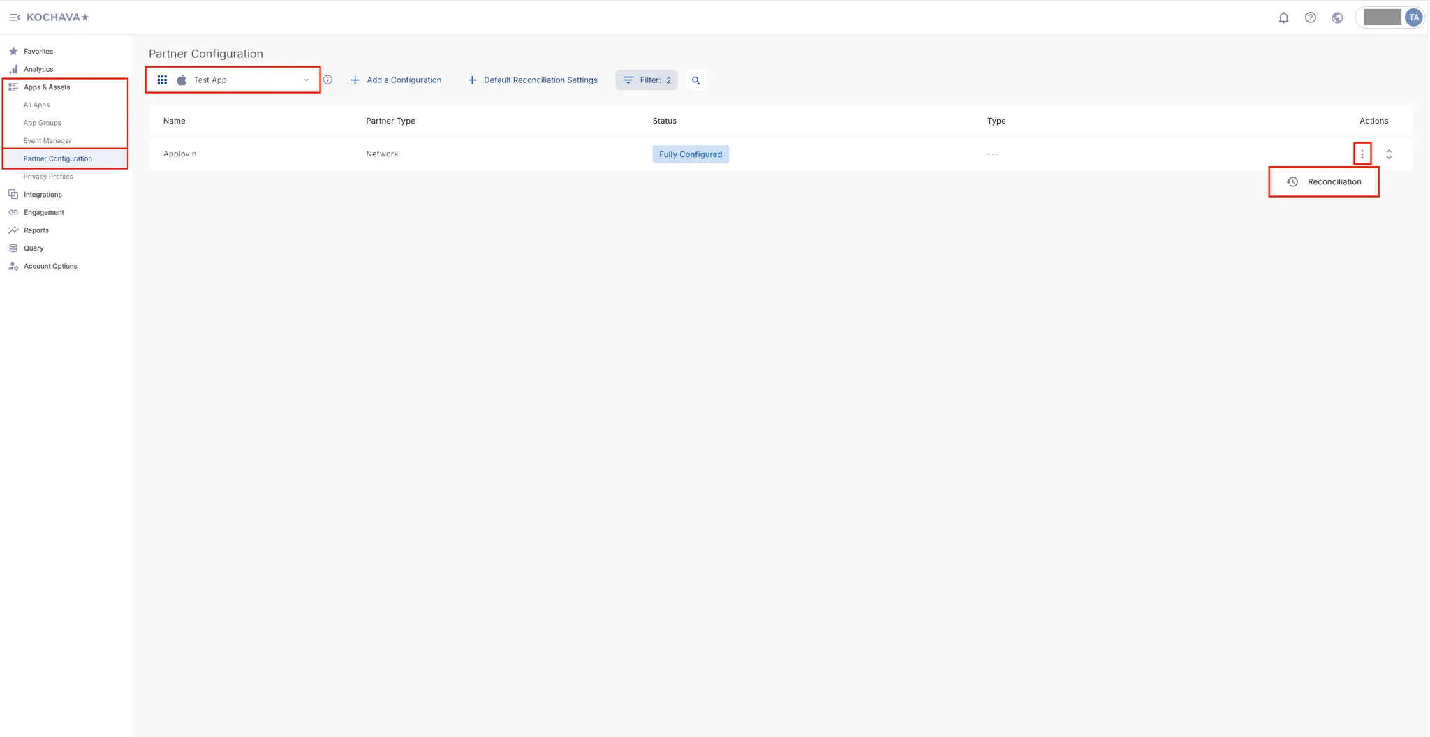 Apps & Assets > Partner Configuration. App selector. Actions: ⋮: Reconciliation.