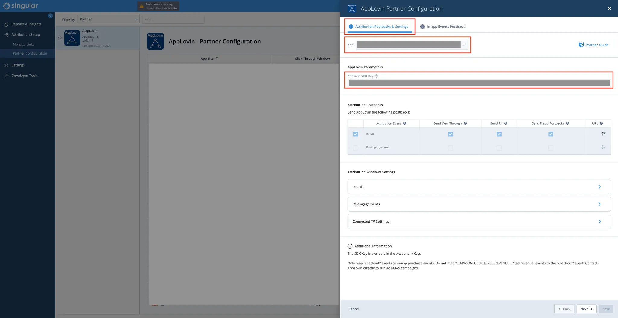 Axon by AppLovin Partner Configuration. Attribution Postbacks & Settings. App drop-down selector. Axon by AppLovin Parameters. Axon by AppLovin SDK Key