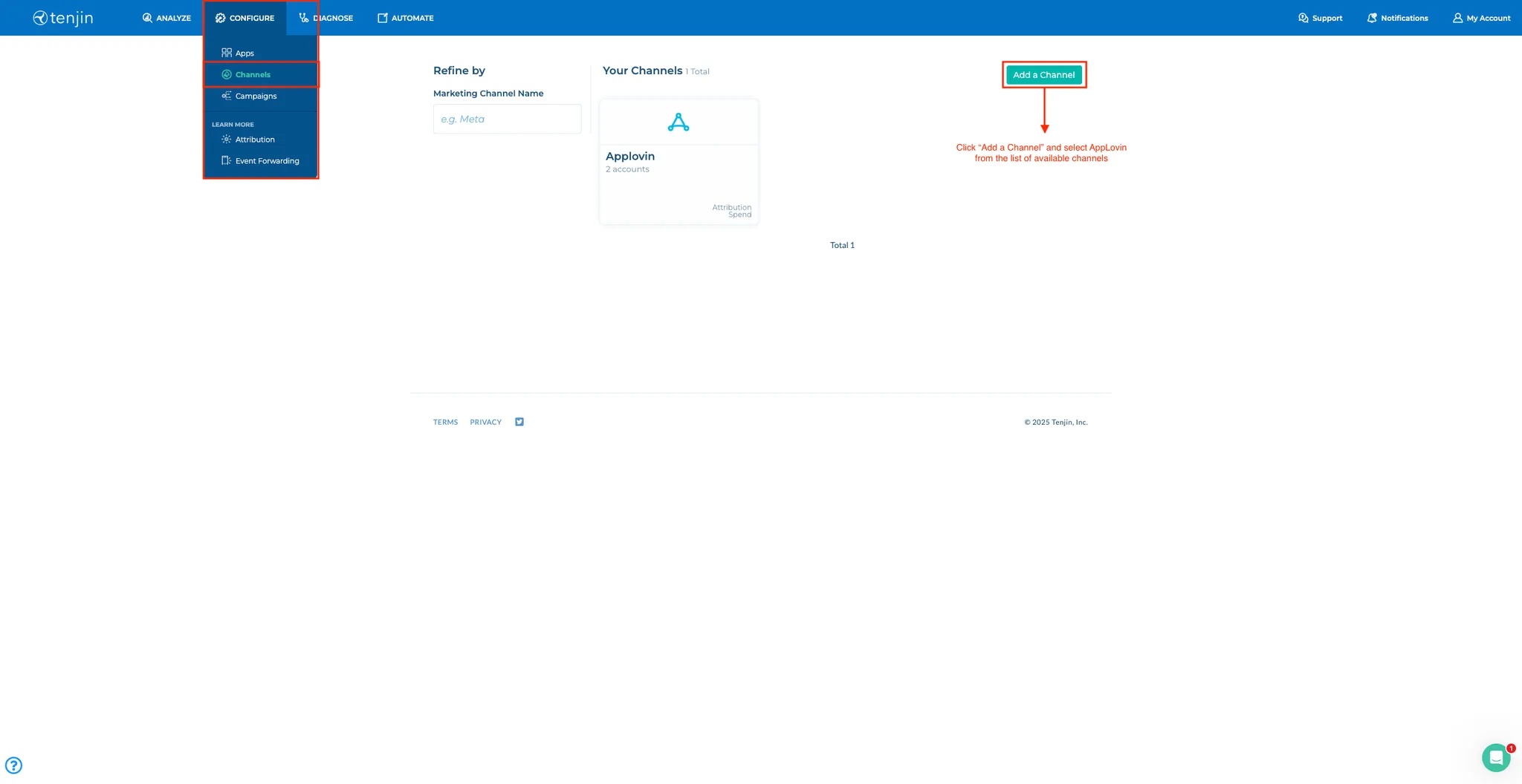 CONFIGURE > Channels. Refine by Marketing Channel Name (e.g. Meta). Your Channels. Add a Channel button.