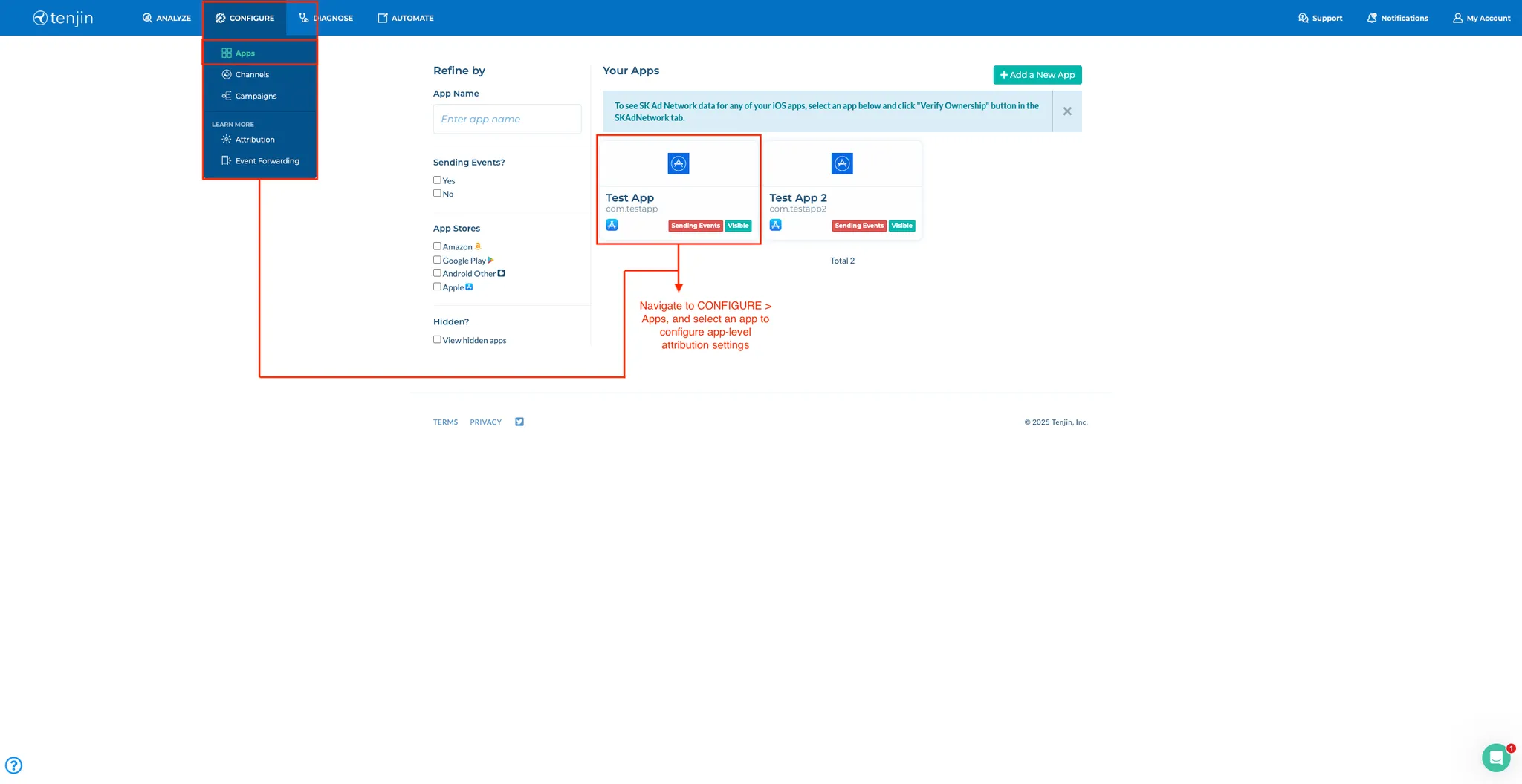Navigate to CONFIGURE > Apps and select an app to configure app-level attribution settings.