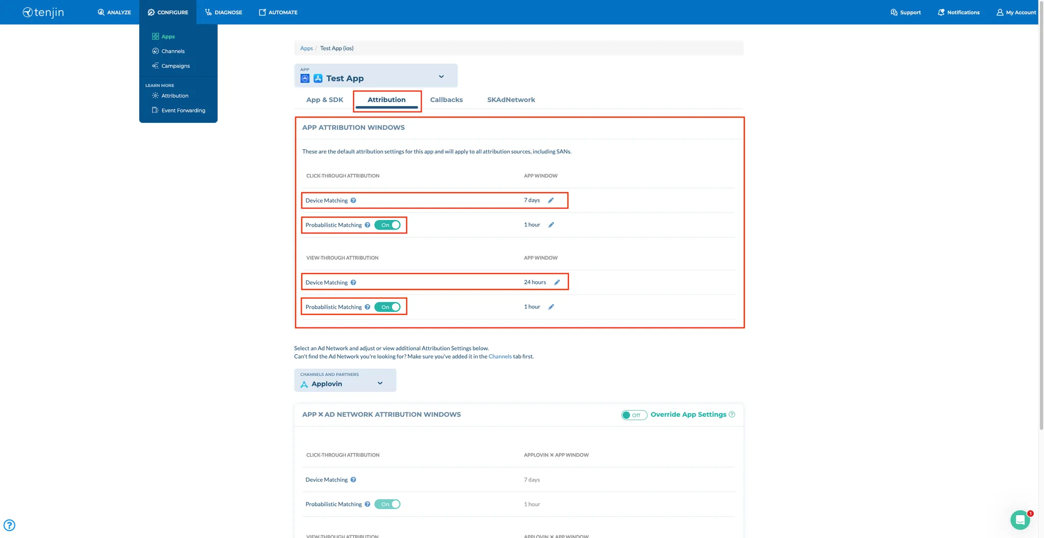 CONFIGURE > Apps. Attribution. App Attribution Windows. These are the default settings for this app and will apply to all attribution sources, including SANs. Click-through Attribution settings. View-Through Attribution settings.