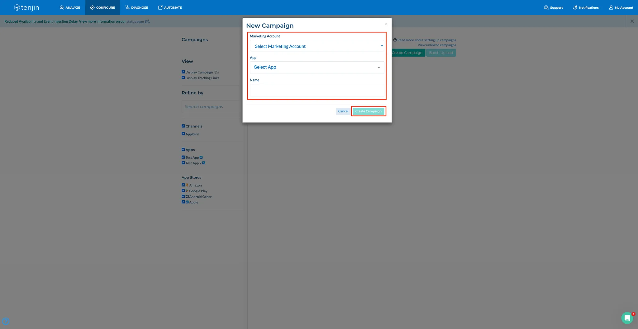 New Campaign. Marketing Account drop-down. App drop-down. Name field. Cancel button. Create Campaign button.